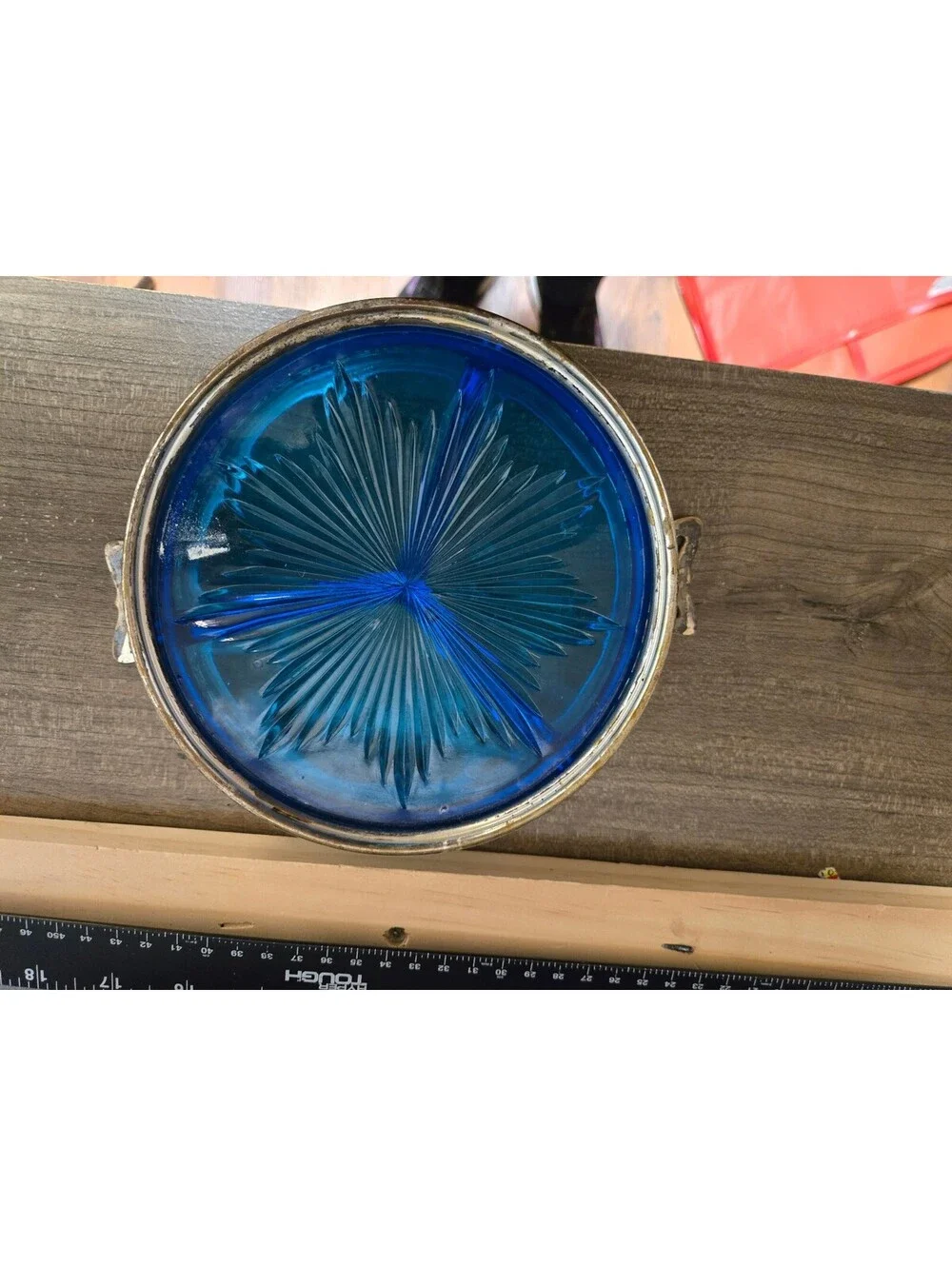Vintage Blue Glass Divided Serving Dish with Silver Metal Pl